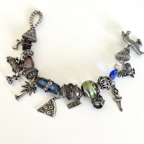 Vintage 925 Sterling Silver Garnet Murano Art Glass Loaded Charm Bracelet 7" - Picture 9 of 11